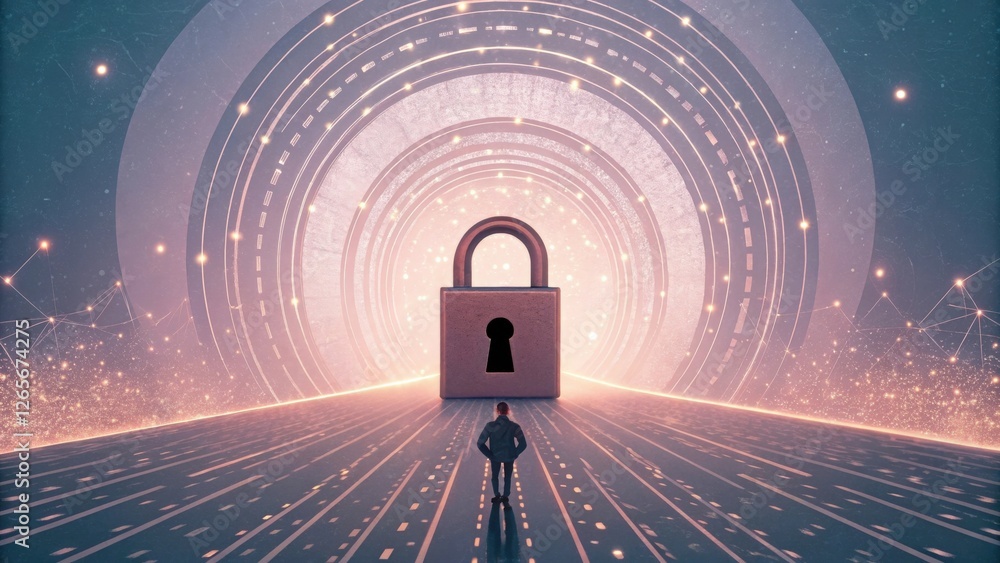 Aufkleber a man standing before a large padlock in a futuristic digital tunnel. the scene symbolizes cybersecu
