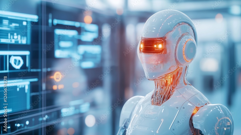Poster advanced humanoid robot in a high-tech environment with glowing interfaces