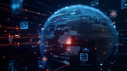 Visual representation of a digital globe with data streams and connections in technology