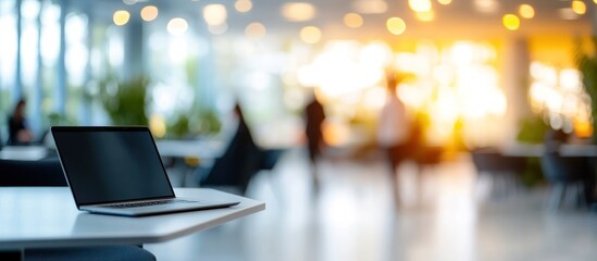 Laptop on table in blurred modern office.