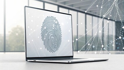 a laptop with a fingerprint icon on the screen, symbolizing online security and authentication. The laptop is placed in a modern office setting.
