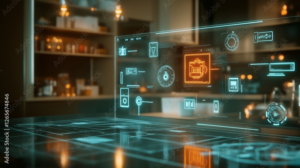 Poster advanced technology interface displaying various digital icons in a modern workspace