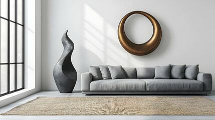 Modern living room with bronze wall art, sculpture, and sofa