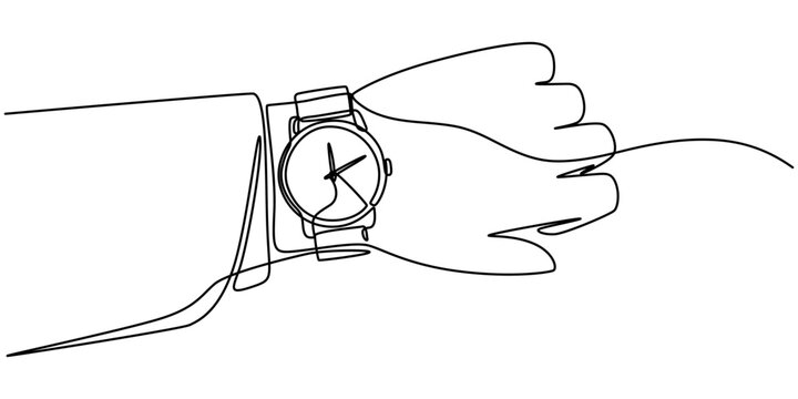 recommend clip art: Hand wearing a wristwatch in continuous line drawing. Minimalist illustration for beauty and fashion, Continuous single line sketch drawing of people hand wearing wrist watch. One line art of business