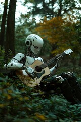 Robot musician playing guitar in the forest; autumn foliage and forest background