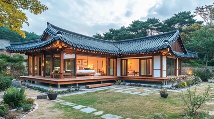 Obraz premium Beautiful traditional korean house with garden at dusk