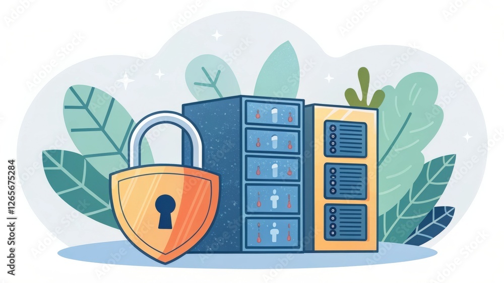 Poster a large padlock securing a server rack, with a subtle natural background. this illustration symboliz