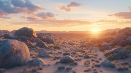 A tranquil desert scene with scattered boulders under a soft pastel sunset, highlighting the beauty of arid landscapes.