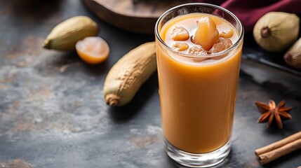 Refreshing Fruit Beverage with Ice and Nuts on Rustic Table