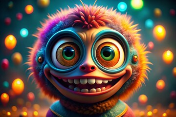 Naklejka premium Cute Big-Eyed 3D Cartoon Character with Bokeh Background - Fun Stock Photo