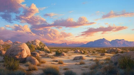 Naklejka premium A tranquil desert scene with scattered boulders under a soft pastel sunset, highlighting the beauty of arid landscapes.