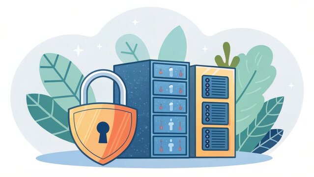 a large padlock securing a server rack, with a subtle natural background. This illustration symbolizes the importance of data security and privacy in the digital age