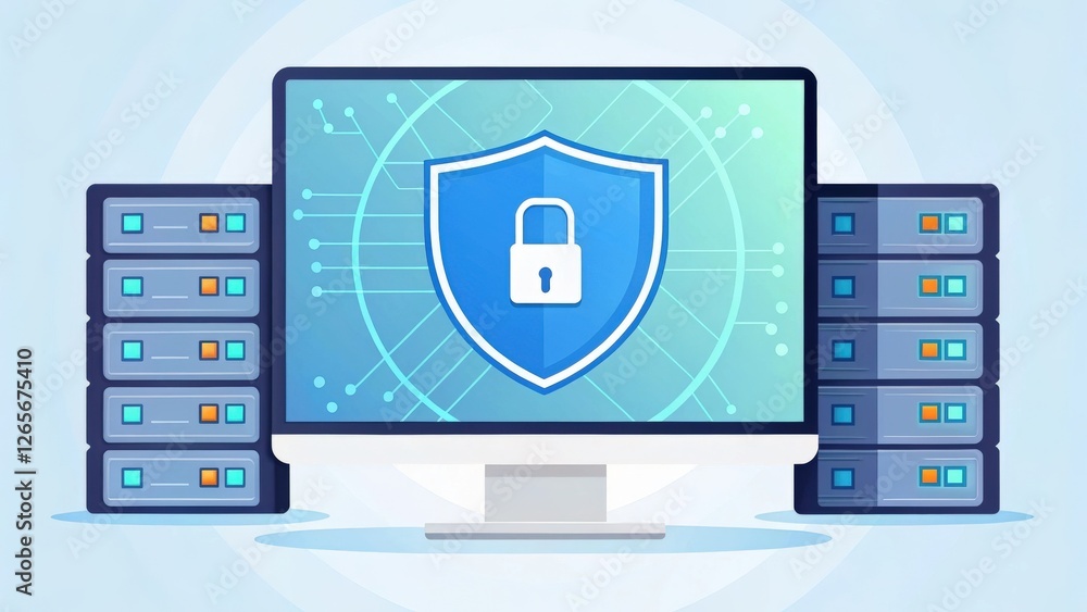 Poster a computer monitor displaying a large blue shield with a padlock, representing online security. the 