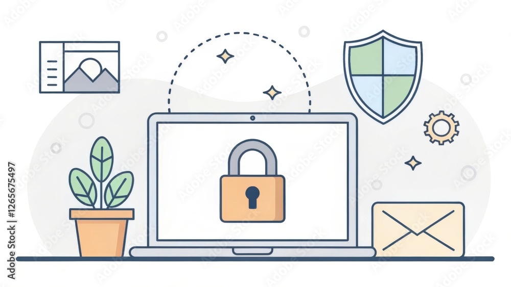 Poster a laptop with a padlock on the screen, illustrating secure online data and internet protection. surr