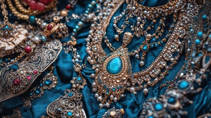 Fototapeta premium Exquisite Collection of Antique Jewelry on Elegant Fabric Surface