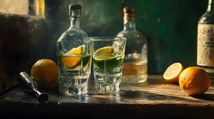 Refreshing Citrus Essence with Lime and Lemon in Glasses on Table