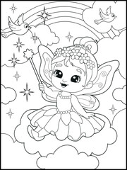 Black and white fairy coloring pages for kids. Children's coloring books with cute cartoon fairy characters, fun and educational materials for kindergarten.
