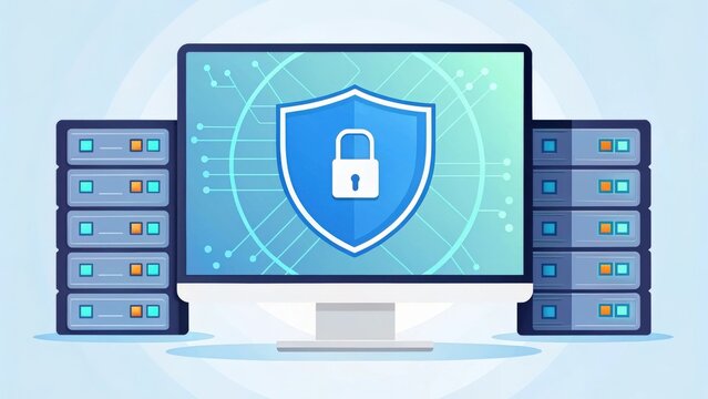 a computer monitor displaying a large blue shield with a padlock,  representing online security. The shield is surrounded by servers and abstract lines.