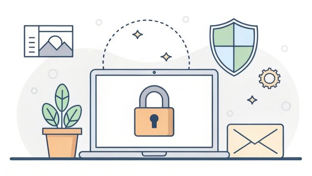 a laptop with a padlock on the screen, illustrating secure online data and internet protection. Surrounding the laptop are icons of a shield, an envelope, and a plant, representing security.