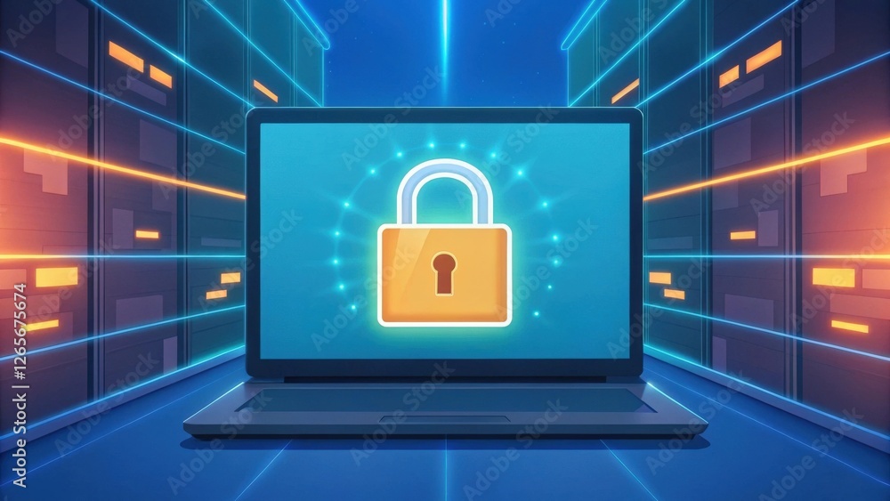 Poster laptop displaying a padlock security symbol in a server room. the image is vibrant and futuristic, e