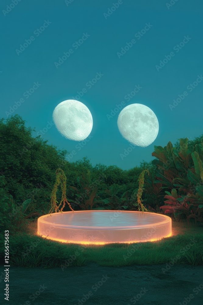 Poster translucent alien stage with glowing vines wrapped around its edges set against surreal backdrop of 