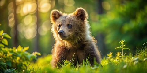 Obraz premium Cute Brown Bear Cub in Forest - Wildlife Stock Photo
