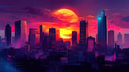 Fototapeta premium A vibrant cyberpunk-style city glowing with neon lights, towering skyscrapers, and a stunning sunset backdrop.