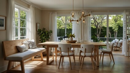  Light and airy dining room with natural wood table, chairs, and large windows with lush greenery view