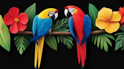 Fototapeta premium Kaleidoscope of Tropical Colors with Vibrant Macaws on Branch