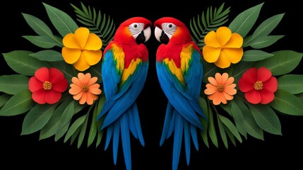 Fototapeta premium Vibrant Tropical Kaleidoscope with Colorful Macaws and Flowers