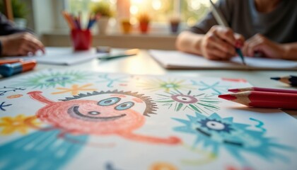 Fototapeta premium Whimsical Child's Crayon Creation with Abstract Shapes in Vibrant Colors Against Creative Space