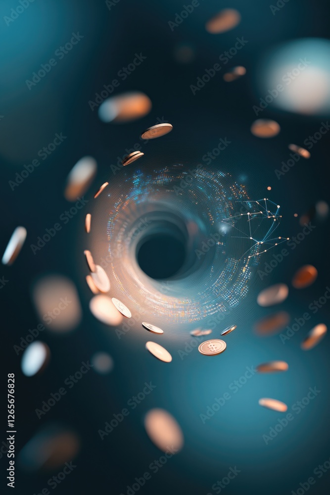 Poster vibrant depiction of coins and digital graphs forming vortex around world map symbolizing global tra