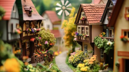 Obraz premium Charming Miniature Village with Cobblestone Pathway and Windmill