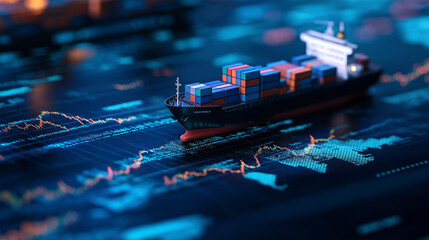Container ship navigating through digital trade data and market graphs in a virtual environment