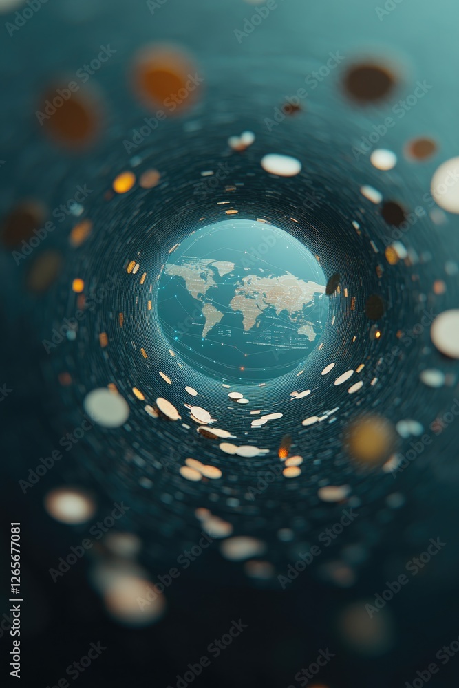 Poster vibrant depiction of coins and digital graphs forming vortex around world map symbolizing global tra