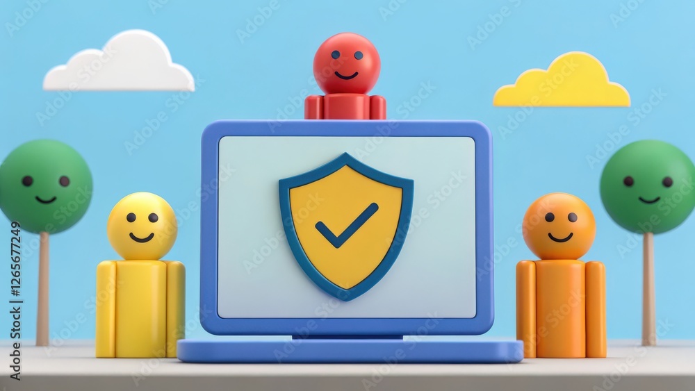 Poster 3d illustration of a laptop with a shield icon on the screen and colorful 3d figures standing around
