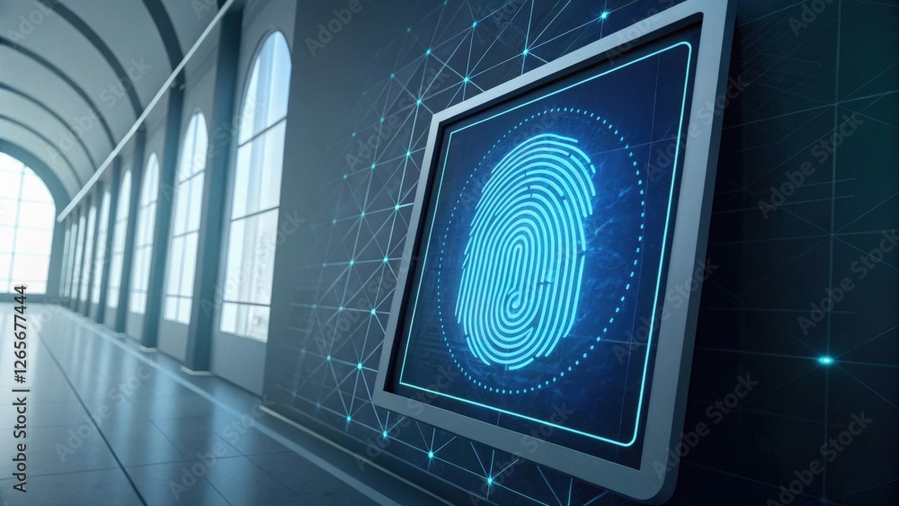 Poster fingerprint security system displayed on a digital screen in a modern hallway.