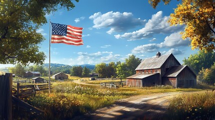 american flag on the mountain with houses and greenery 