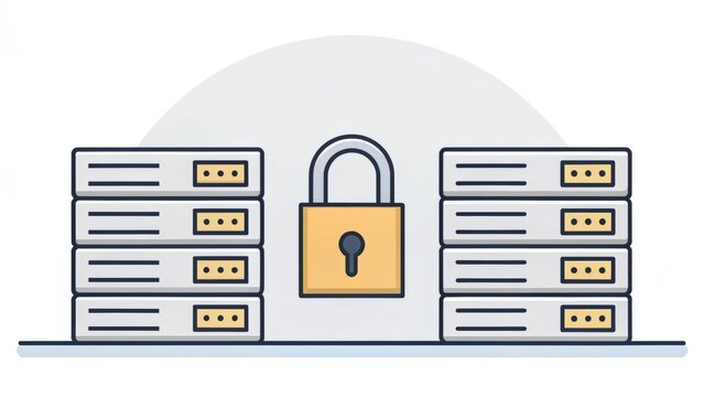 Data security concept illustration with servers and padlock