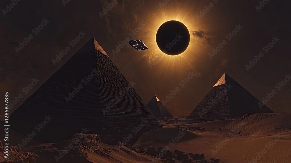 Poster ancient pyramids beneath a dark eclipse, with a futuristic spacecraft hovering in the sky, blending 