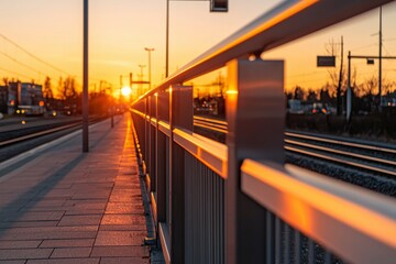 Sunrise at train station with waiting platform and sunlit rail tracks for travel