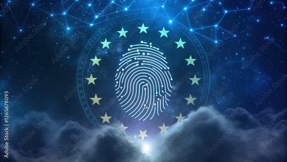 Poster eu fingerprint digital identity concept. fingerprint surrounded by eu flag stars on a dark blue back
