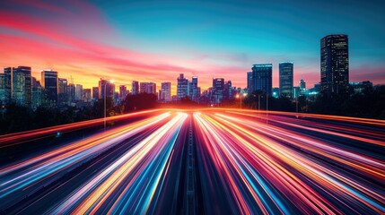 Dynamic neon light trails streaking across a futuristic city skyline at sunset, creating a cyberpunk atmosphere.