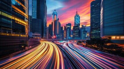 Fototapeta premium Dynamic neon light trails streaking across a futuristic city skyline at sunset, creating a cyberpunk atmosphere.