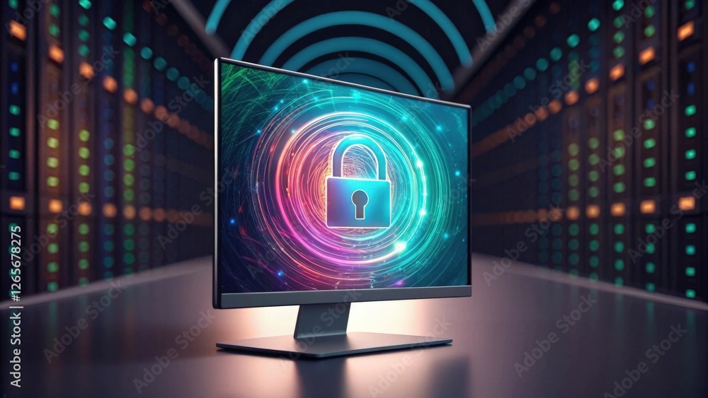 Poster a computer monitor displays a padlock icon with glowing neon circles. it represents data security an
