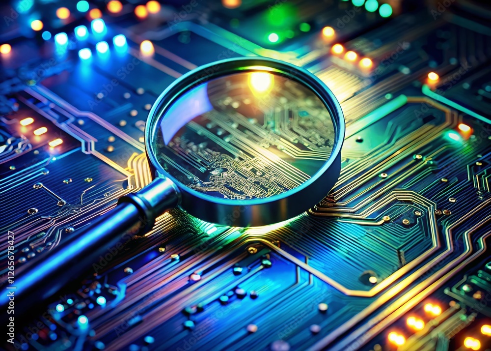 Poster cybersecurity analysis: close-up of magnifying glass inspecting circuit board data