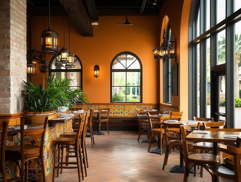 Mediterraneaninspired twostory restaurant with arched windows, terracotta floors, and vibrant tilework