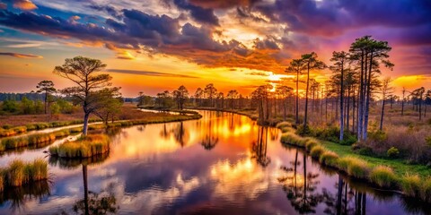 Obraz premium Cypress Swamp Sunset: Winding River, Bokeh, Orange and Purple Sky