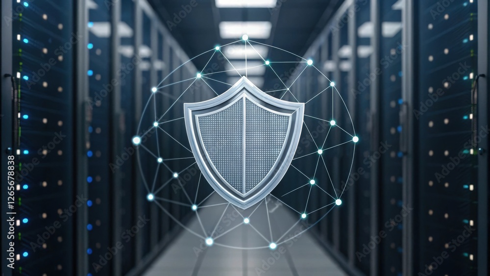 Poster a large server room with rows of server racks. a glowing shield symbol is projected onto the floor. 