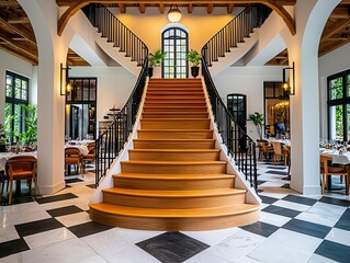 Highend boutique hotel twostory restaurant with a dramatic staircase, opulent decor, and exclusive ambiance